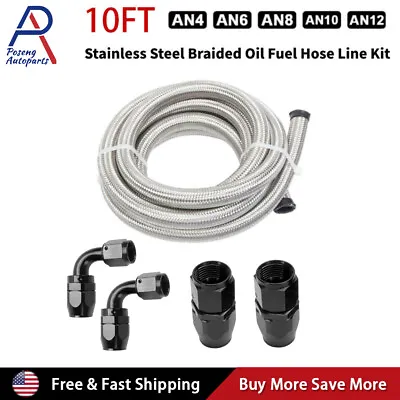 10Feet 4AN/6AN/8AN/10AN 4Fitting Stainless Steel Braided Oil Fuel Hose Line Kit • $29.88