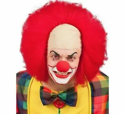 DELUXE RED Clown Cap & Wig Bald Halloween Costume Horror Monster Wavy Big Hair • $37.98