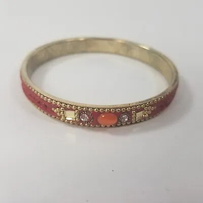 $19.99 • Buy Textured Gold Tone Red Orange Clear Rhinestone Enamel Bangle Bracelet
