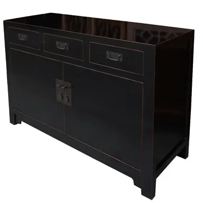 Black Lacquered Three  Drawers Two Doors Sideboard Buffet (43-037) • $1950