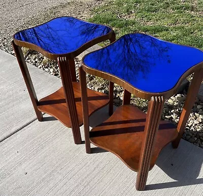 2 Antique Art Deco Wood End Tables W/COBALT BLUE MIRROR Glass Top Exceptional • $800