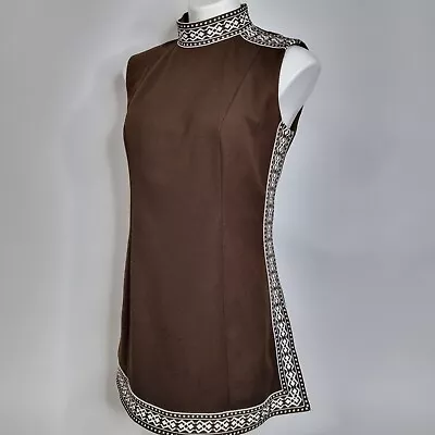 VTG 60'S Mod Mini Dress Brown White Geometric Retro Slit Mock Neck Tank Sz S M • $49.90