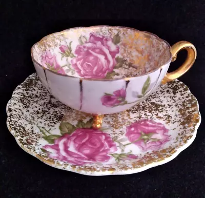 Vintage Ucagco Japan China Bordo Roses 3 Footed Tea Cup Saucer Set • $29.99