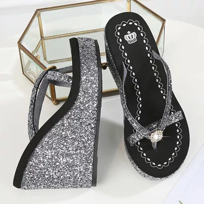 Flip Flops Sandals Womens Platform Beach Shoes Sequin Rhinestone Slippers Summer • $34.79