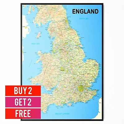 Map Of England Wall Poster Art Print | A5 A4 A3 A2 A1 | • £19.99