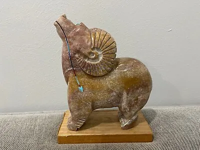 $250 • Buy Southwestern Style Stone Carved Figure Of Big Horn Sheep / Ram Turquoise Inlay