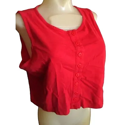 Vintage 1980s Womens Cropped Top Red Large Sleeveless Button Down Bravo Cotton • $14.04