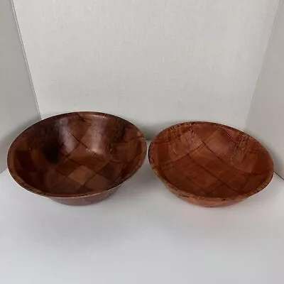 Set Of 2 Vintage 1970’s Woven Wooden Bamboo Serving Salad Bowls 10  & 11  • $20