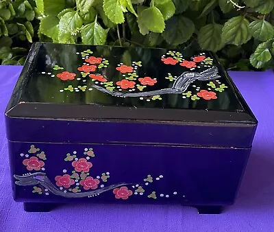 VTG Black Lacquered Wood Musical Jewellery Box W/ Mirror & Tray-Japan • $25