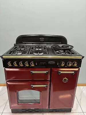 RANGEMASTER CLASSIC 90 CM DUAL FUEL RANGE COOKER IN CLARET AND BRASS.  Ref-ED142 • £1250