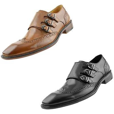 Men's Genuine Leather Dress Shoes Formal Mens Triple Monk Strap Shoes • $99.99