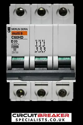 MERLIN GERIN 20 AMP CURVE D 10kA TRIPLE POLE MCB CIRCUIT BREAKER C60HD 25730 • £8.49