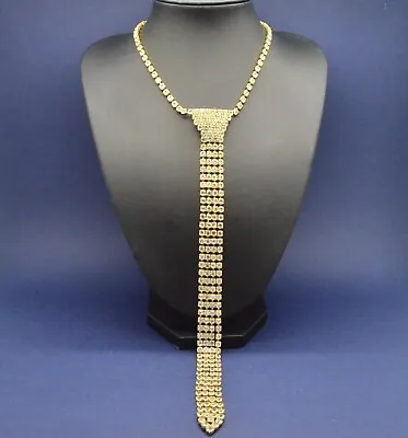 Vintage Necklace 1970s Glamorous Long Clear Crystal Tie Goldtone Jewellery • £1.41