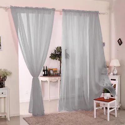 Pair (2 Panels) Voile Curtains Net Slot Top Solid Sheer Door Window Curtain Gray • £5.97