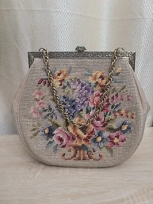Vintage Large Needlepoint ClutchbPurse Handbag With Clip And Chain Straps. Clean • $65