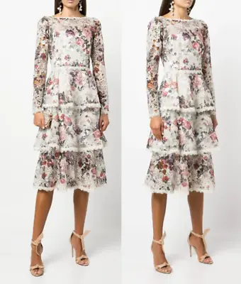 MARCHESA NOTE Floral Printed Guipure Lace Long Sleeve Tiered Midi Dress 12  $695 • $399.99