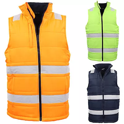 Hi Vis Puffer Workwear Vest Zip Up W Reflective Tape Quilted Puffy Tradie Jacket • $34.95