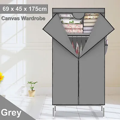 Fabric Canvas Wardrobe Clothes Cupboard Hanging Rail Storage Shelving Closet New • £14.39