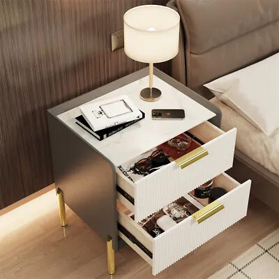 Bedside Cabinet Nightstand Table Real Marble Tabletop 2 Drawer Bedroom Furniture • £99.91