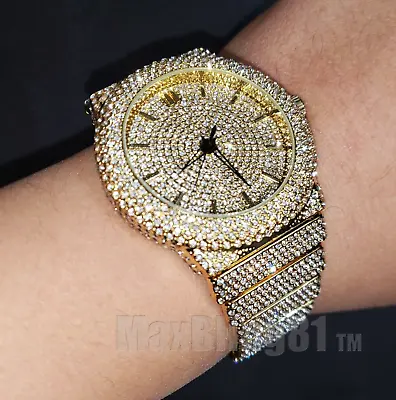 Men Luxury Bling Gold Finish Simulated Diamond Bracelet Full Iced Band Watch • $39.95