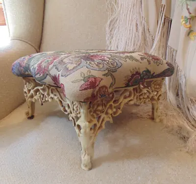 Vintage Upholstery Foot Stool Metal Base Shabby Off White Rose Victorian Style • $65
