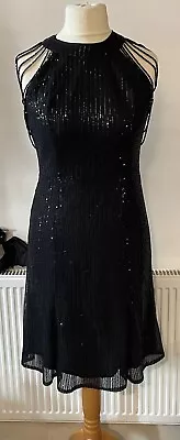 SEXY SIZE 14 16 XL BLACK SEQUIN DRESS BEADED SHOULDERS 1920s GREAT GATSBY CRUISE • £15.99