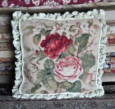 Petit Point Pillow Cover Bodnant Garden Cabbage Roses Needlepoint Cushion 16x16 • $125.04