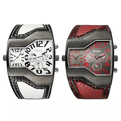 Men's Sports Military Dual Time Zones Dial Red/White Leather Quartz Wrist Watch • $41.99