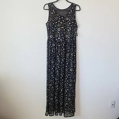 Cosmic Aura Astrology Celestial Stars Moon Foil Mesh Maxi Dress Plus Size 2X Bla • $40.99