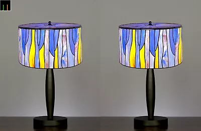 Pair Of 2 JT Tiffany Stained Glass Contemporary Drum Style Bedside Table Lamp • $359.99