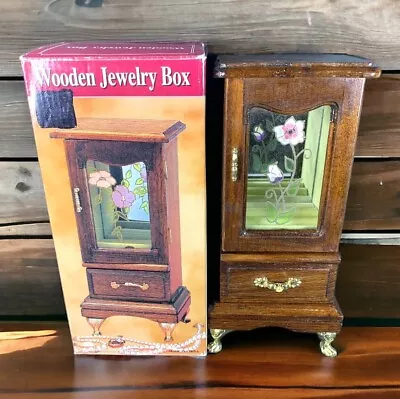 Vintage Jewelry Box Wooden Standing Upright Single Door And Drawer Mirror Floral • $24.99