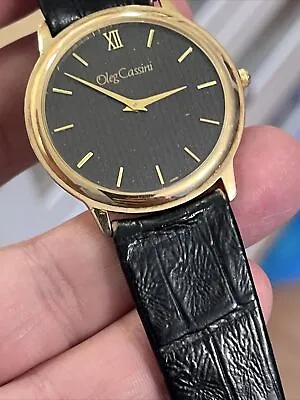 Vintage Oleg Cassini Pinstripe Men's Watch Black With Gold Plate • $60