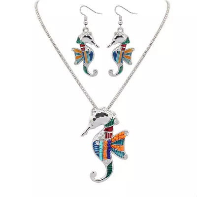 Colorful Seahorse Pendant And Earring Set Silver Chain Necklace USA Shipper #7 • $11.75