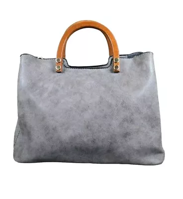 Joy Susan Angie Vintage Satchel Bag Wood Handle Crossbody Gray Faux Leather • $34