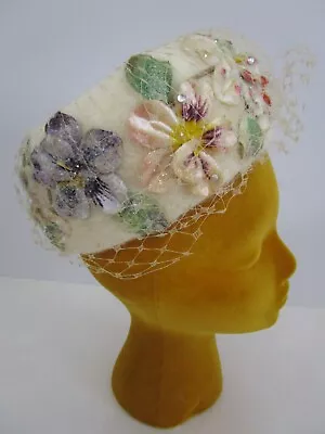 Veil Ivory 1960s Hat Pillbox Percher Fascinator Wool Pansy Velvet Flowers Weddin • $65