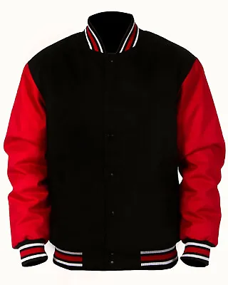 Men's Varsity Letterman Black Wool & Genuine Red Leather Sleeves Baseball Jacket • $89.99