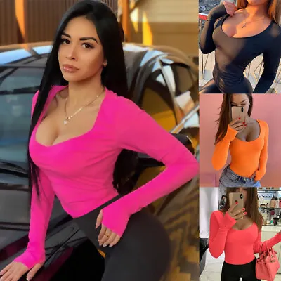 Womens Ladies Stretch Neon Long Sleeve Blouse Shirt Casual Bodysuit Leotard Top • £12.30