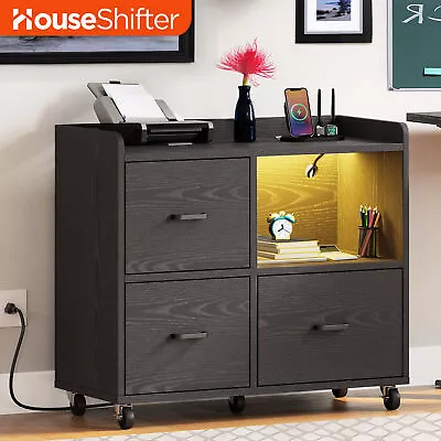 Lateral Wood 3 Drawer Filing Cabinet File Office Storage Charge Hub W/ LED Strip • $108.99