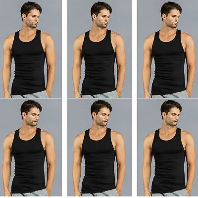 6 PK Mens Black Tank Top 100% Cotton A-Shirt Wife Beater Ribbed Undershirt Pack • $22.95