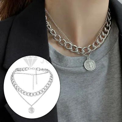 £3.99 • Buy Simple Double Layered Jewelry Chunky Silver Chain Choker Coin Pendant Necklace