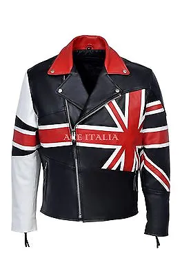 Men's BRANDO UNION JACK Motorcycle BRITISH FLAG Biker Hide Real Leather Jacket • £79.20