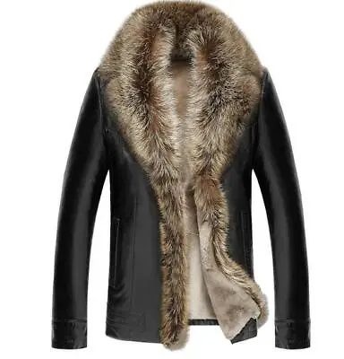 Mens Big MInk Fur Collar Single Breasted Real Leather Lamb Fur Lined Coat Jacket • $259.99