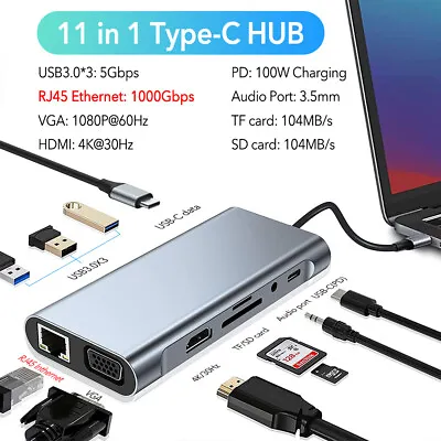 $52.89 • Buy 11in1 USB C HUB Adapter Dongle 4K HDMI VGA USB 3.0 Ethernet For MacBook Pro Air