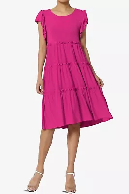 Women's Flutter Ruffle Cap Sleeve Tiered Jersey Babydoll A-Line Midi Day Dress • $27.99