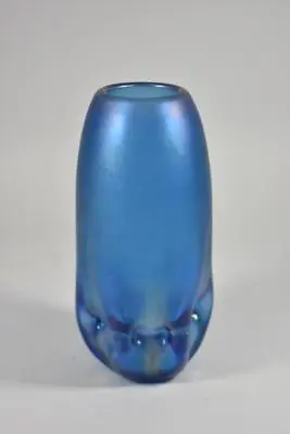 Baker Art Glass Vase Labino Studios Blue Iridescent With Pinched Sides • $425