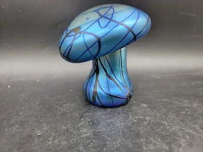 Signed Mayauel Ward Blue Iridescent Studio Art Glass Mushroom Paperweight 3x3 • $150