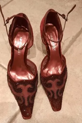 Nine West Women's Sequined Burgundy Velvet Size 6 Sling Back Heel Evening Shoes • £15