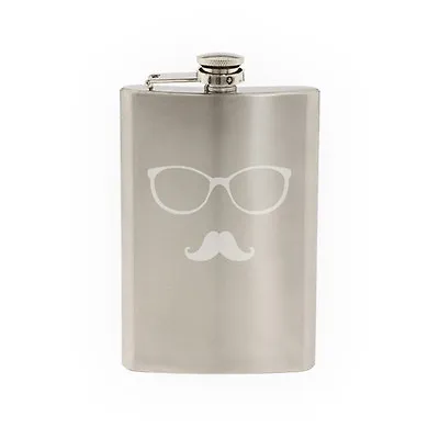 Glasses With Mustache #6 - Hipster Style Fancy Goofy -8 Oz Etched Flask • $17.99