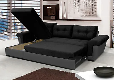 £649 • Buy NEW Corner Sofa Bed With Storage, Black Fabric + Grey Leather. Very COMFORTABLE!