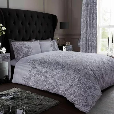 Double Duvet Quilt Cover  Reversible Set Pillow Cases Luxury Grey Damask NG • £14.99